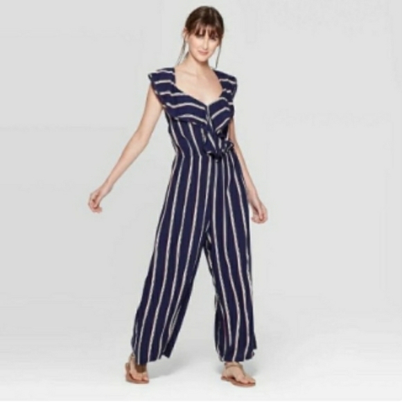 Xhilaration Pants - Xhilaration Striped Blue Jumpsuit